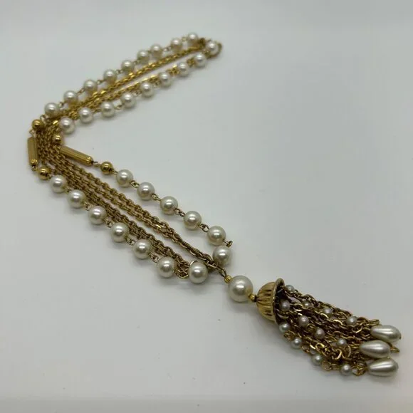 Vintage Faux Pearl Necklace Triple Strand Gold-Tone Chain Tassel Pendant 1970s - Picture 7 of 13